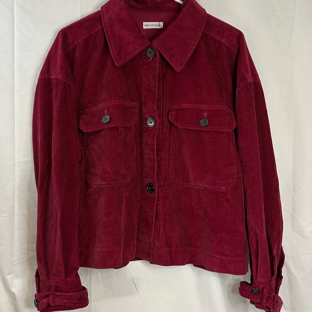 AVEC LES FILLES Shirt Corduroy Button Down long sleeve‎ Raspberry Women’s Small - Picture 6 of 11
